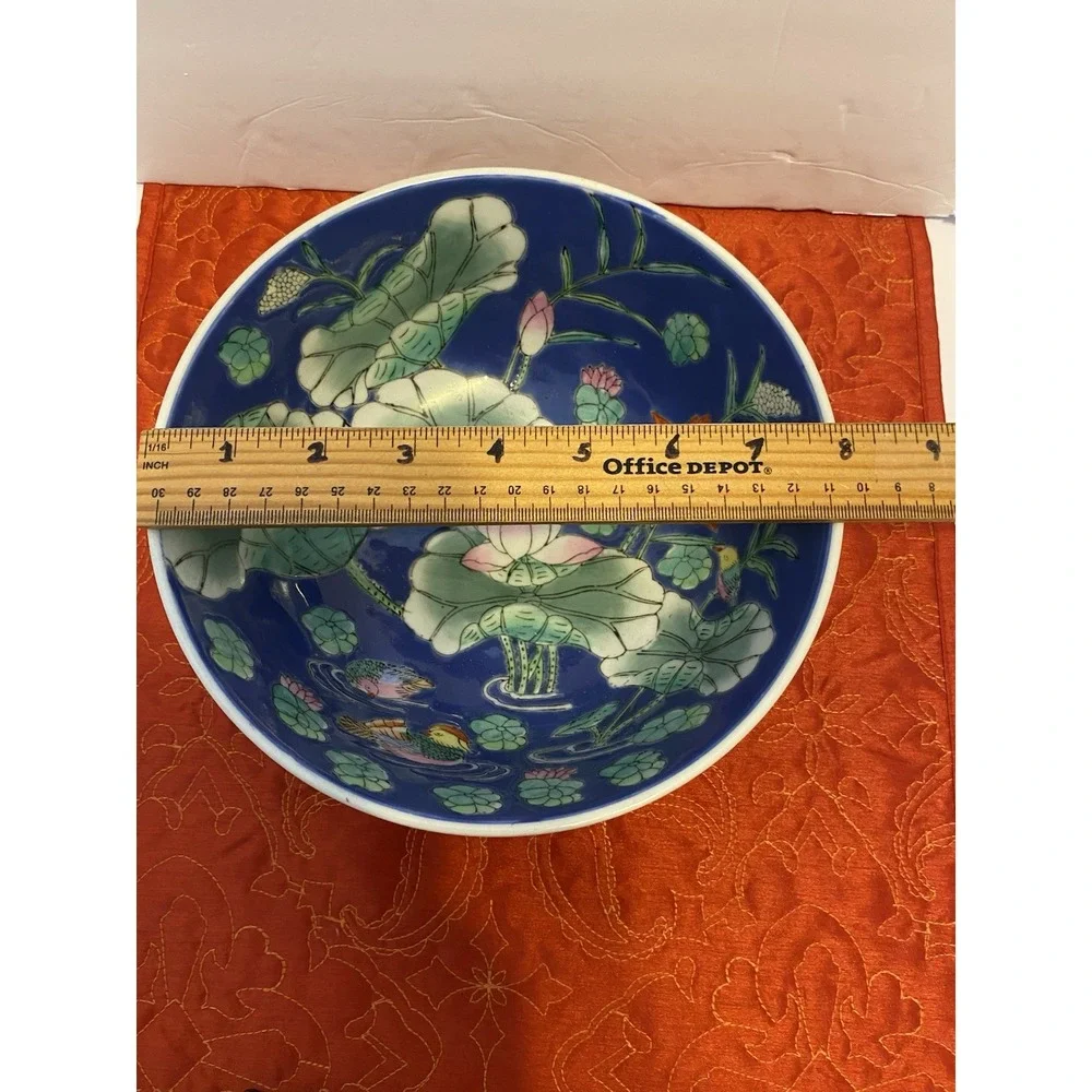 Chinese Bowl Blue Lily Pad Mandarin Birds Floral Pattern Porcelain~VINTAGE~1950s